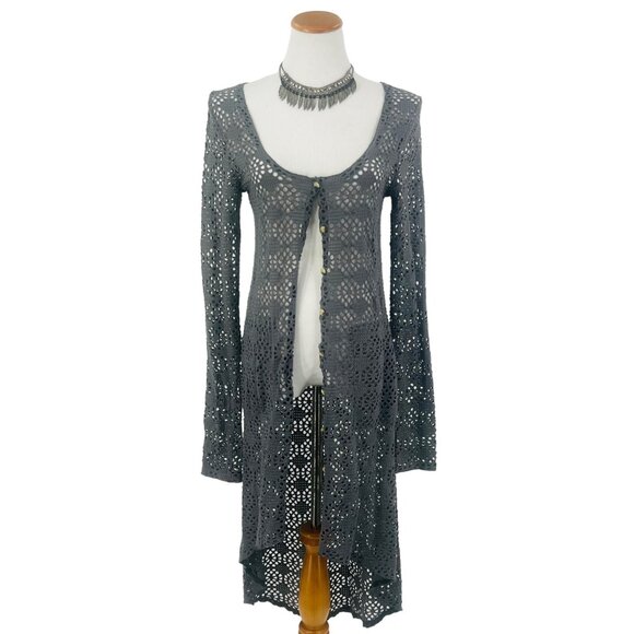 Vintage Free People Beach Gray Crochet Button Front Maxi Cardigan - Picture 5 of 16